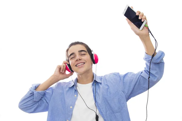 Joven Con Teléfono Auriculares Escuchando Música Aislada Blanco — Foto de Stock