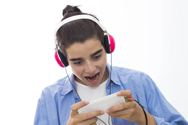 Young Teen Amazed Expression Surprise Mobile Phone Earphones — Stock Photo, Image