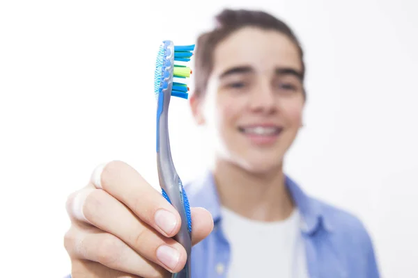 Joven Sonriendo Con Cepillo Dientes Dentista — Foto de Stock