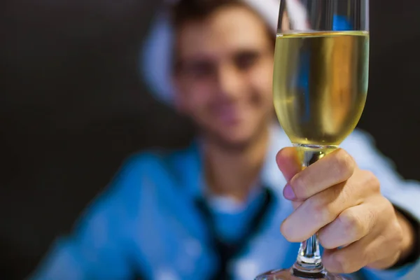 Businessman Smiling Glass Champagne Office — Stock Photo, Image