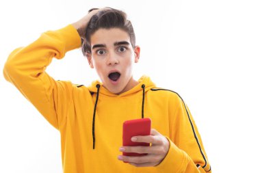 young teenager with mobile phone and isolated expression clipart