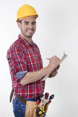 yalıtılmış klasör ve araçları ile inşaat işçisi
