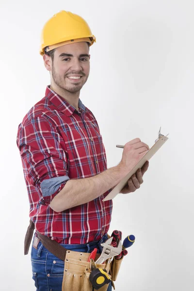 Trabajador Construcción Con Carpeta Aislada Herramientas —  Fotos de Stock