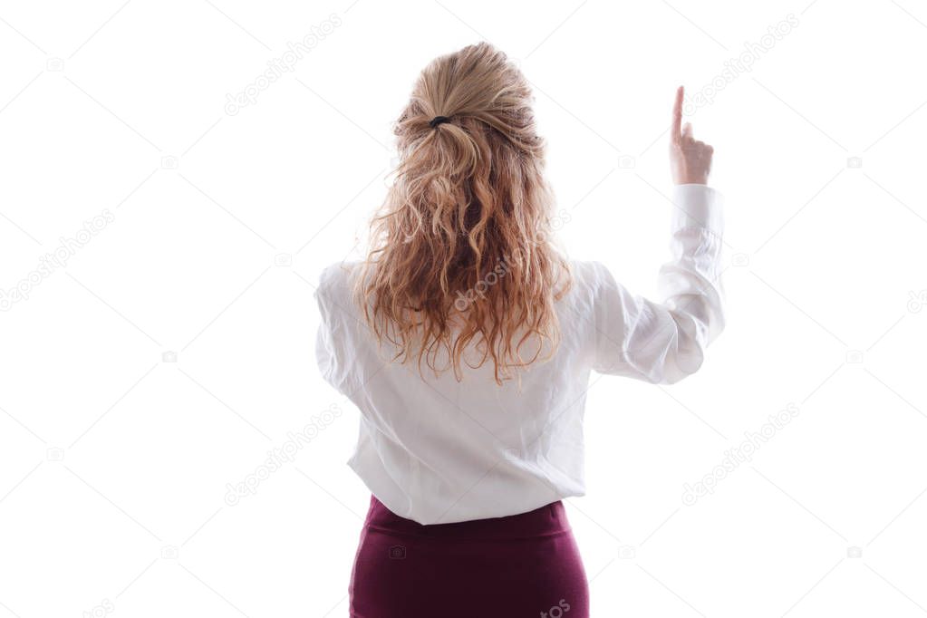 woman pointing up with white space and isolated
