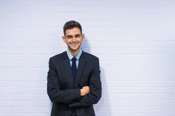 Ritratto Uomo Affari Sul Muro Bianco — Foto Stock