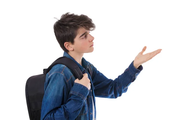 Studentenkind Isoliert Auf Weißem Hintergrund Mit Der Hand Zeigend — Stockfoto