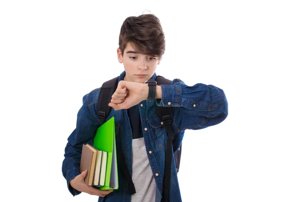 Isolierter Student Der Auf Die Uhr Schaut — Stockfoto