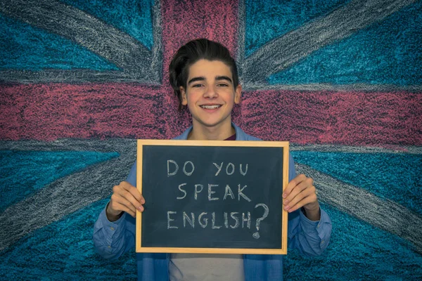 blackboard with english speaking message and british flag