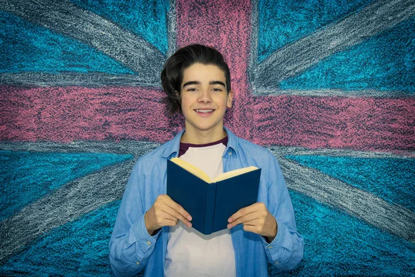 student with books and background flag, learn languages