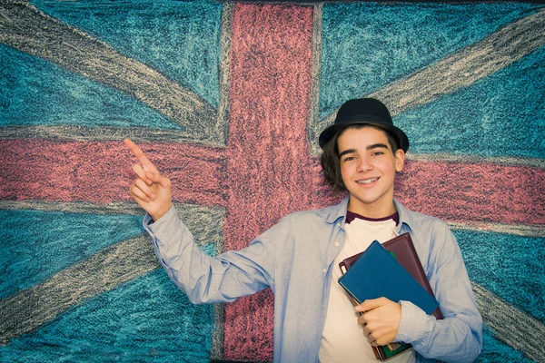 student with books and english flag, learn english