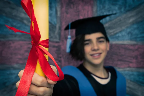 Studente Con Uniforme Laurea Bandiera Sfondo — Foto Stock