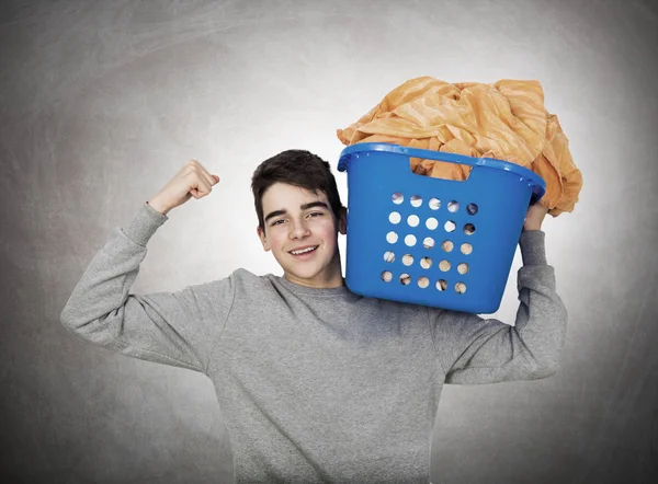 young man in laundry clothes