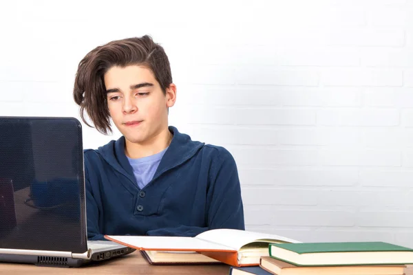 young man with computer and books on the desk studying