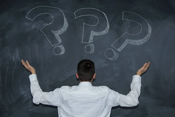 young teenager on the blackboard with question mark