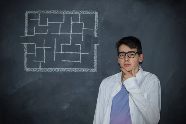 Young Man Glasses Drawing Labyrinth — Stock Photo, Image