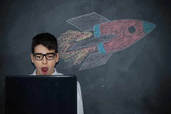 Child Laptop Spacecraft Rocket — Stock Photo, Image