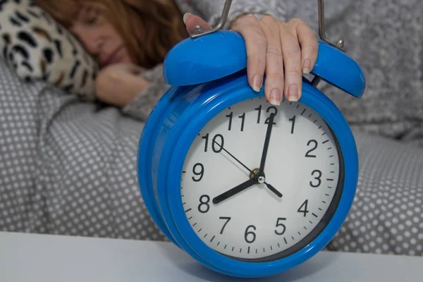 Woman Sleeping Her Hand Alarm Clock — Stock Photo, Image