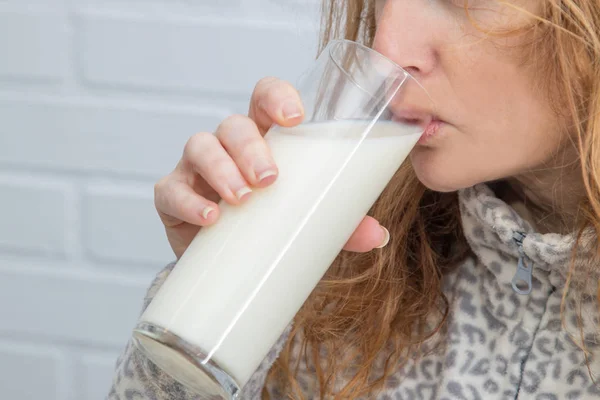 Woman Drinking Glass Milk Foreground — 스톡 사진