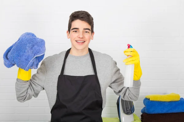 man with household and household cleaning products