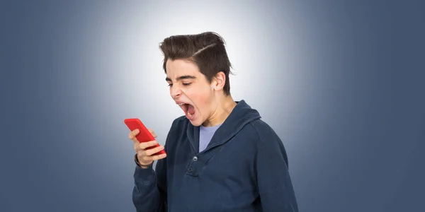 Angry Young Man Isolated Mobile Phone Background — Stock Photo, Image