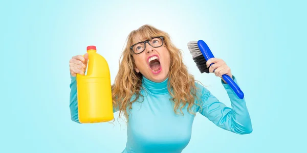 woman stressed with cleaning products