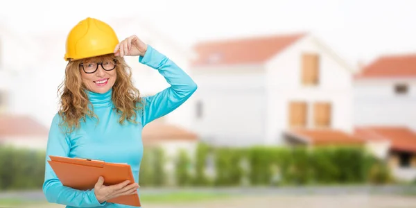 woman building, architect or real estate with houses and buildings