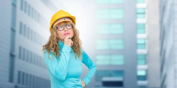 Woman Construction Helmet Thinking — Stock Photo, Image