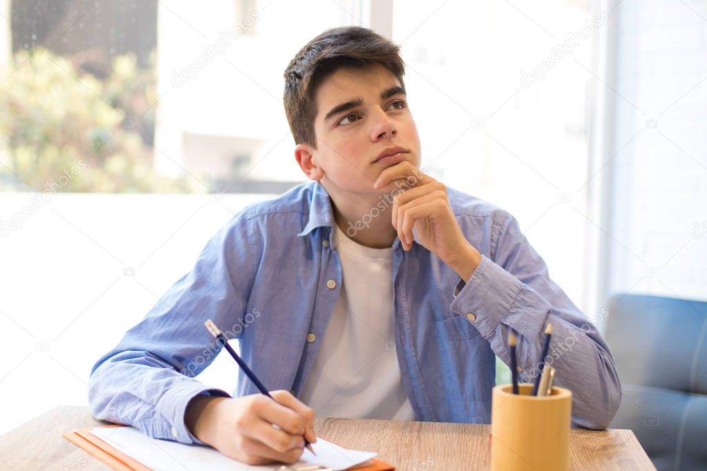 thoughtful student at the desk