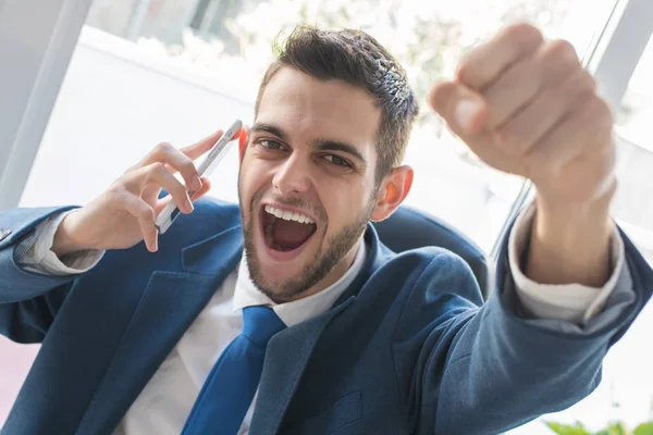 Hombre Negocios Triunfante Con Teléfono Celebrando Éxito — Foto de Stock