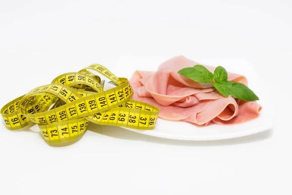 Slices Cooked Ham Tape Measure Concept Diet — Stock Photo, Image