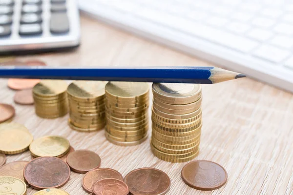 Coin Supported Pencil Stacked Savings — Stock Photo, Image