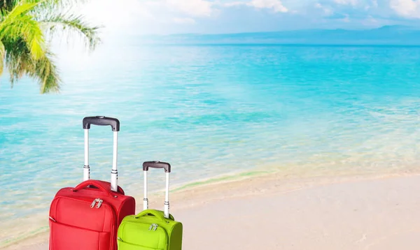 Valises Bagages Voyage Avec Paysage Plage — Photo