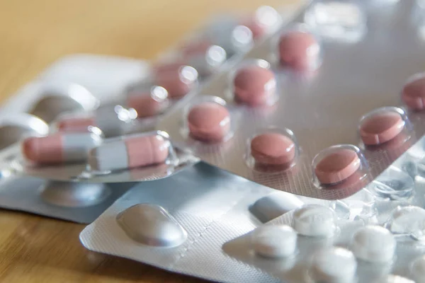 Medicine Drugs Pills Stacked Wood — Stock Photo, Image