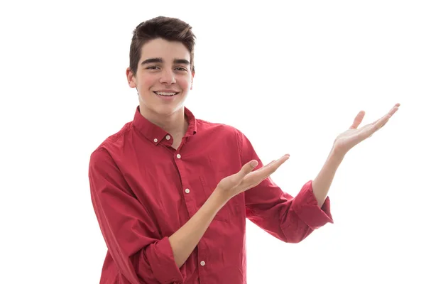 Jeune Homme Adolescent Isolé Sur Pointage Blanc Avec Les Mains — Photo
