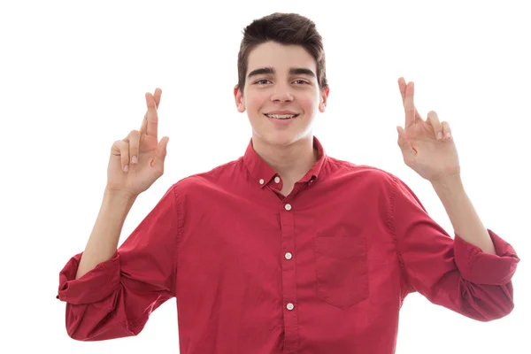 Jeune Garçon Avec Les Doigts Croisés Isolé Sur Blanc — Photo