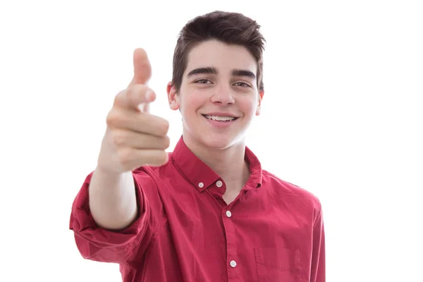 Jeune Adolescent Homme Pointant Isolé Sur Blanc — Photo