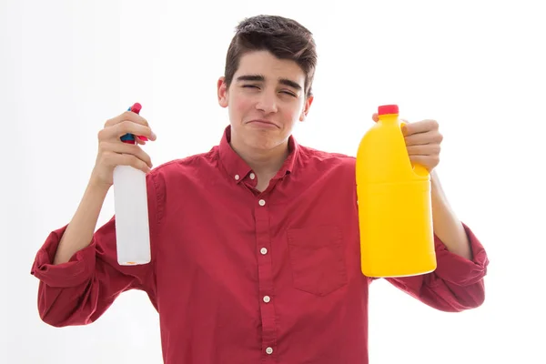 Joven Aislado Con Productos Limpieza —  Fotos de Stock