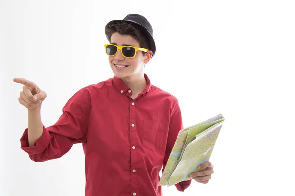 Touriste Avec Des Lunettes Soleil Carte Isolée Fond Blanc — Photo