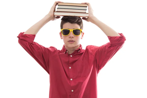 Isolated Student Books Stacked Head — Stock Photo, Image