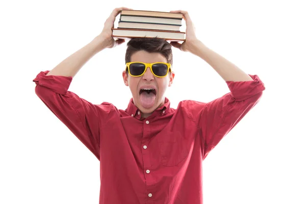 Estudiante Aislado Con Libros Apilados Cabeza —  Fotos de Stock