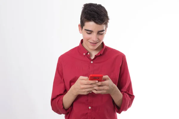 Menino Jovem Adolescente Isolado Com Telefone Celular — Fotografia de Stock