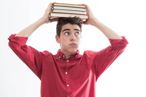 Απομονωμένος Μαθητής Βιβλία Στοιβαγμένα Στο Κεφάλι — Φωτογραφία Αρχείου