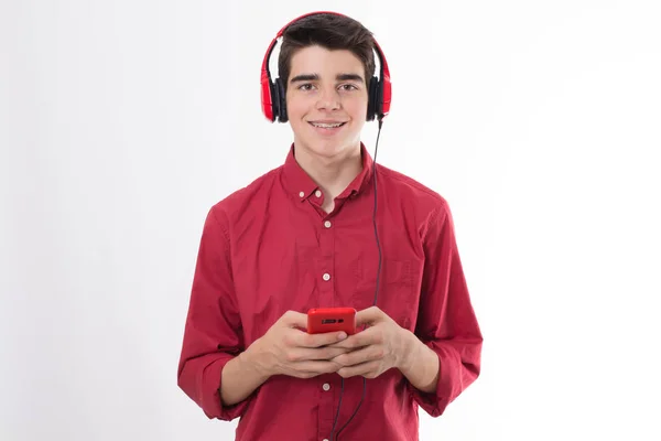 Young Man Teenager Mobile Phone Headphones Isolated White Royalty Free Stock Images