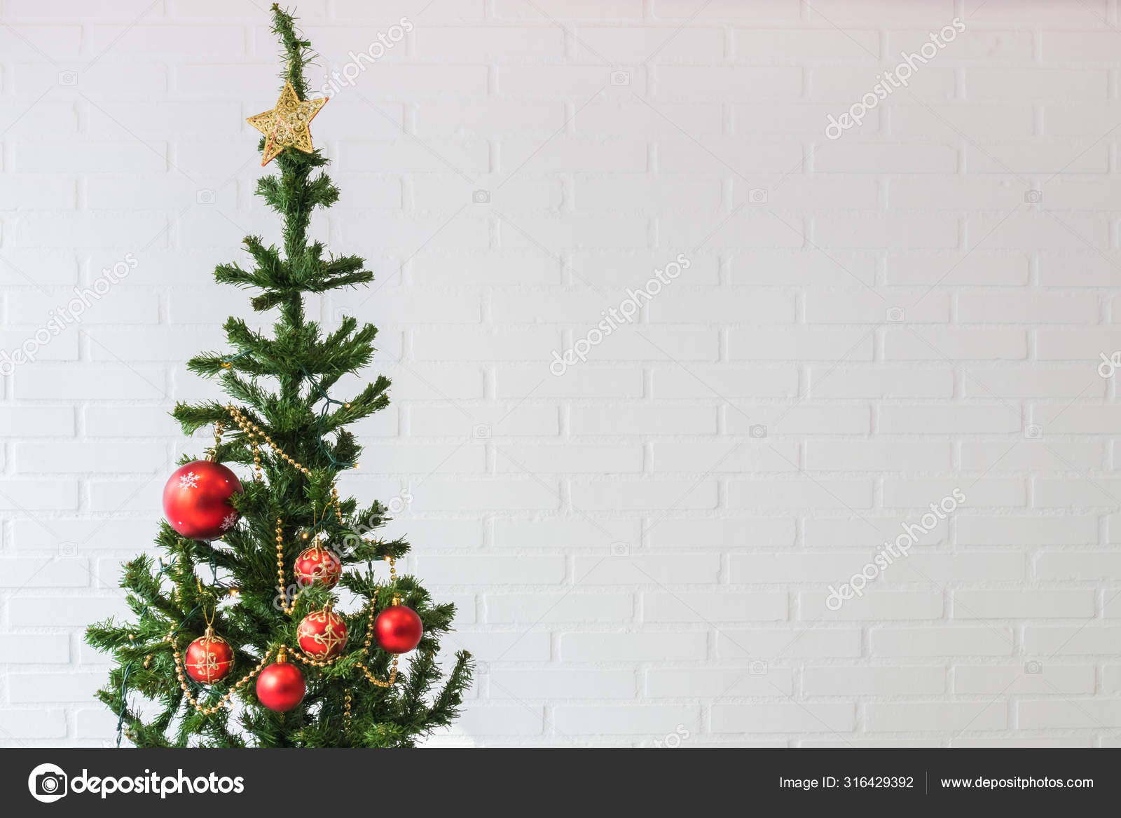 Christmas Tree Ornaments White Brick Wall Background Stock Photo