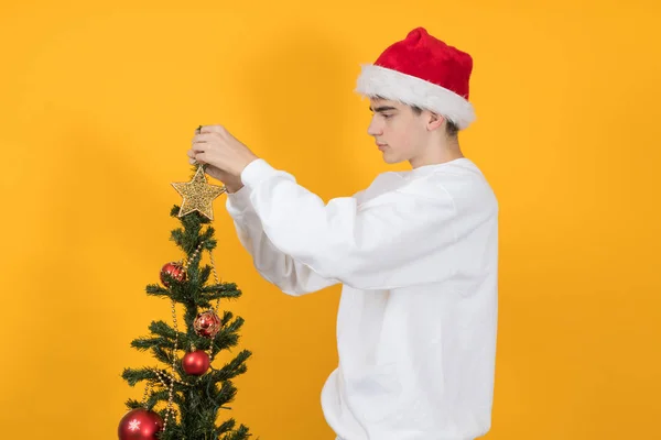 Jeune Adolescent Homme Décoration Arbre Noël Sur Fond Couleur — Photo