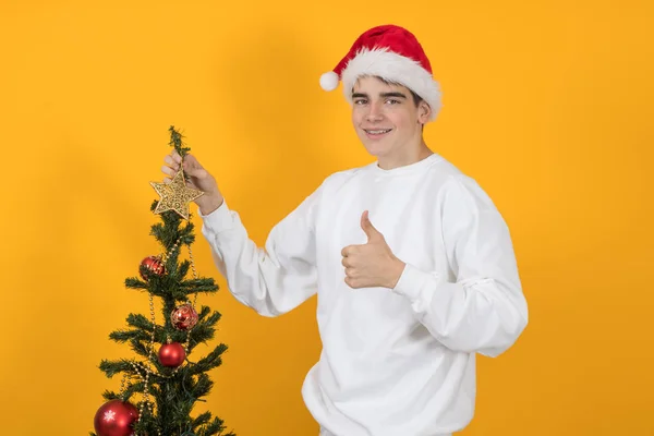 Νεαρός Έφηβος Διακόσμηση Χριστουγεννιάτικο Δέντρο Στο Φόντο Χρώμα — Φωτογραφία Αρχείου