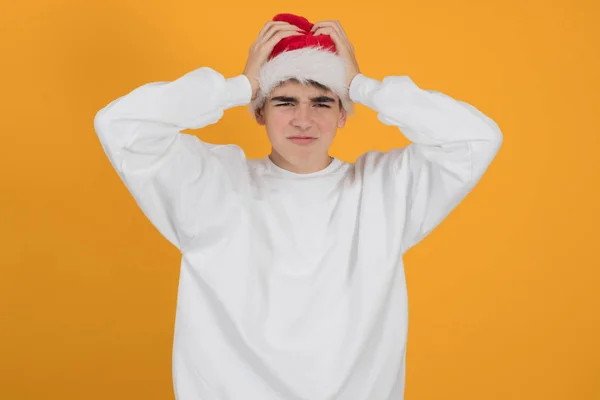 Young Teenage Man Santa Claus Hat Isolated Color Background — Stock Photo, Image