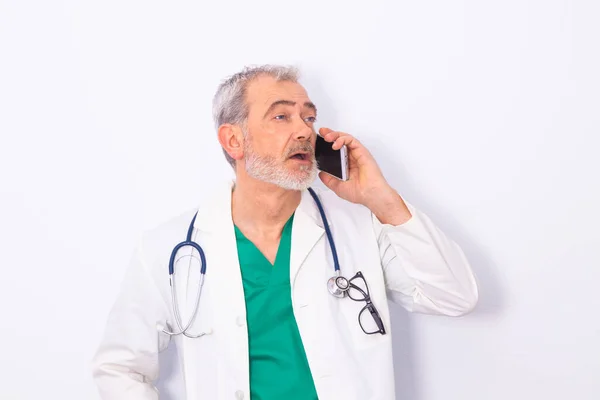 Portrait Doctor Mobile Phone Isolated White — Stock Photo, Image