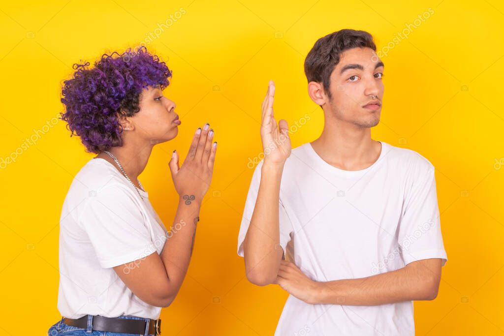 couple of man and woman pleading isolated on color background