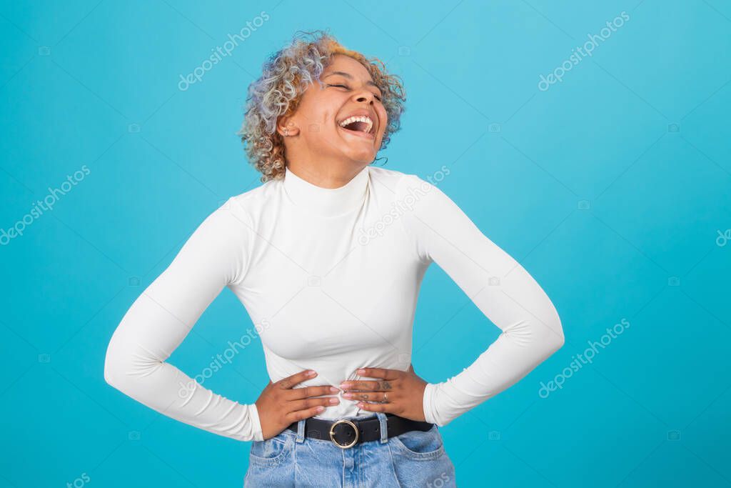 isolated afro american woman laughing out loud